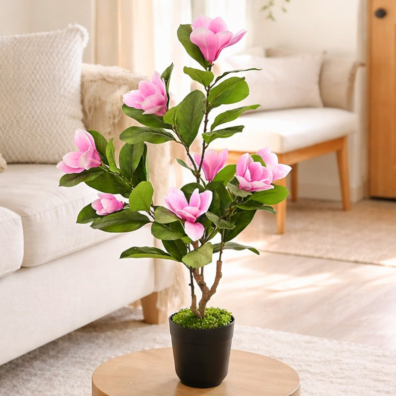 91 cm (3 ft) Magnolia Artificial Plant With Black Plastic Pot