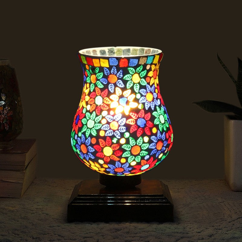 Chromiq Mosaic Glass Table Lamp With Wooden Base - Multicolor