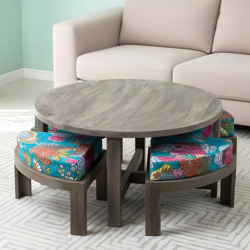 Jervon Sheesham Wooden Center Table with Stools and Cushions (Grey,Green) - Nine Piece Set media 3