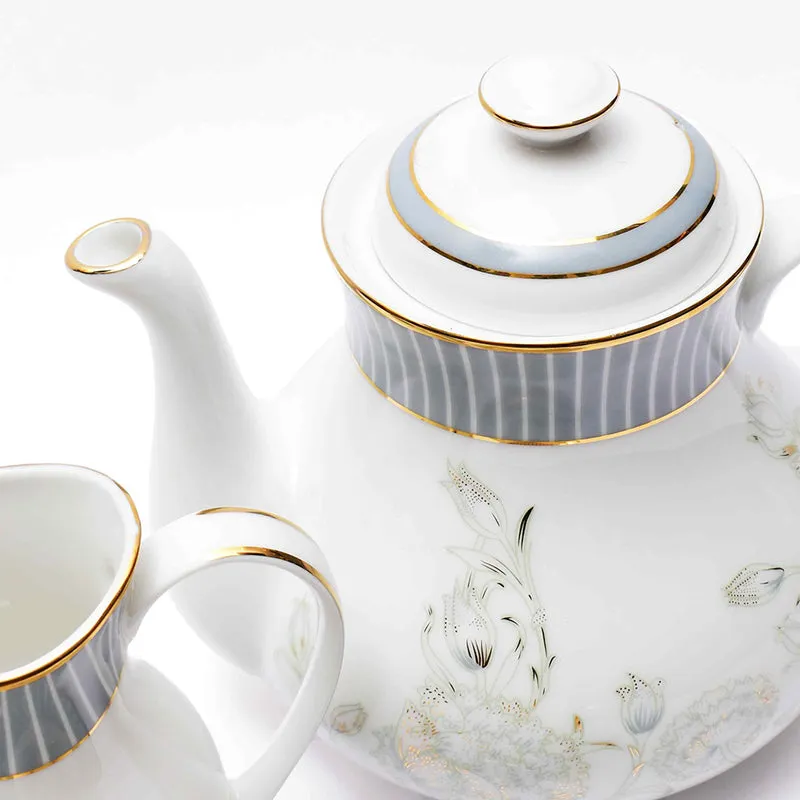 Gilded Iris 24k Gold Brushed Porcelain Tea Set With Tea Pot (Grey) - Seventeen Piece Set media 7