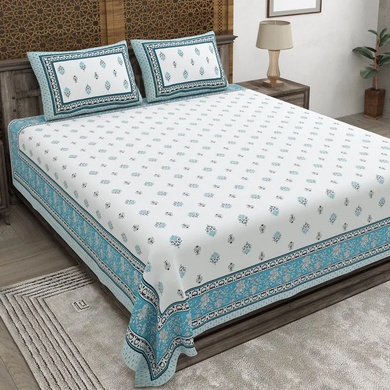 Gardenon Cotton Bedsheet (White,Teal) - 240 TC media 1