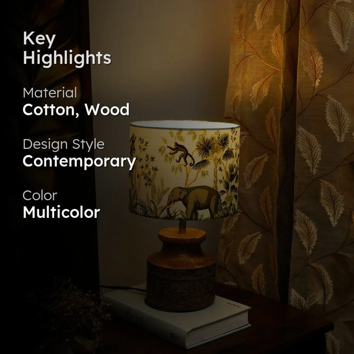Key highlights image of multicolour cotton and wood table lamp