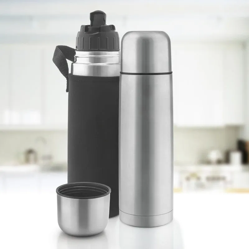 Silver steel bottle with black carry bag and cup lid
