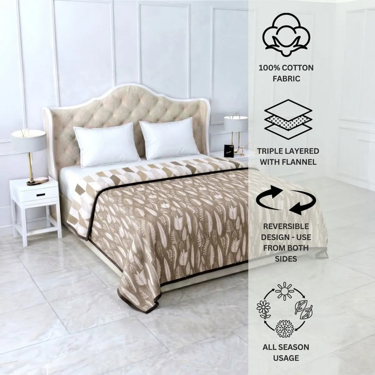 Brown reversible dohar styled on a bed with both printed sides visible