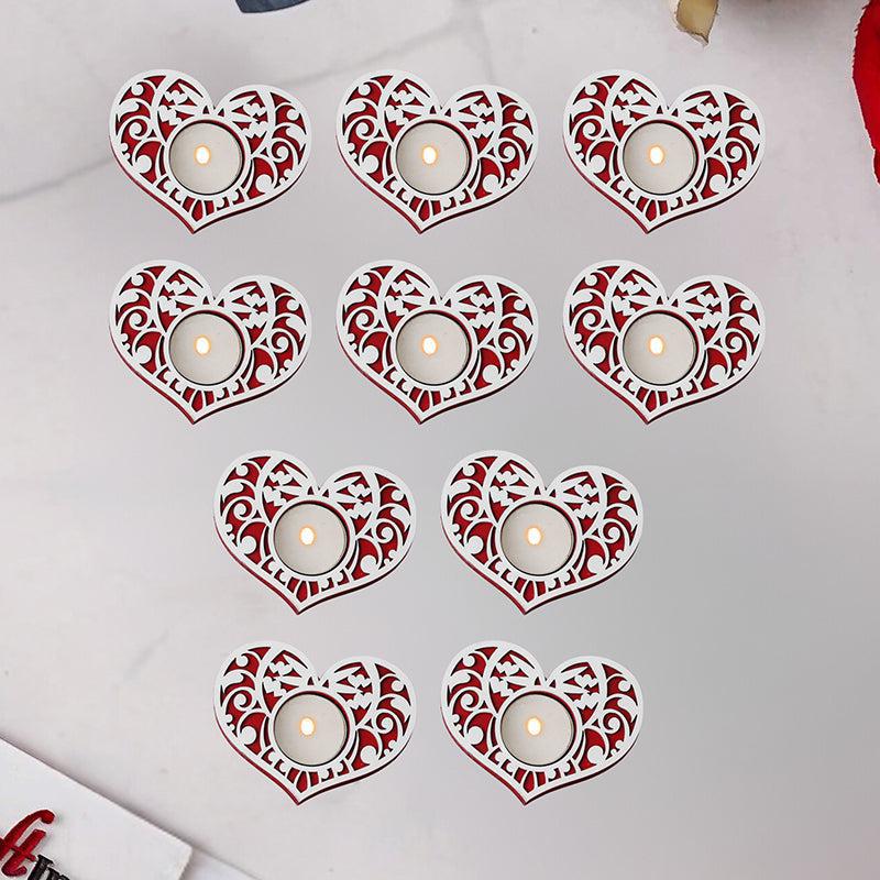 Intricate Heart Wood Tea Light Holder (Red) - Set Of Ten