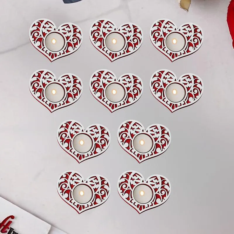 Intricate Heart Wood Tea Light Holder (Red) - Set Of Ten media 1