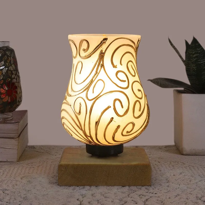 Aurion Mosaic Glass Table Lamp With Wooden Base - White & Gold media 3