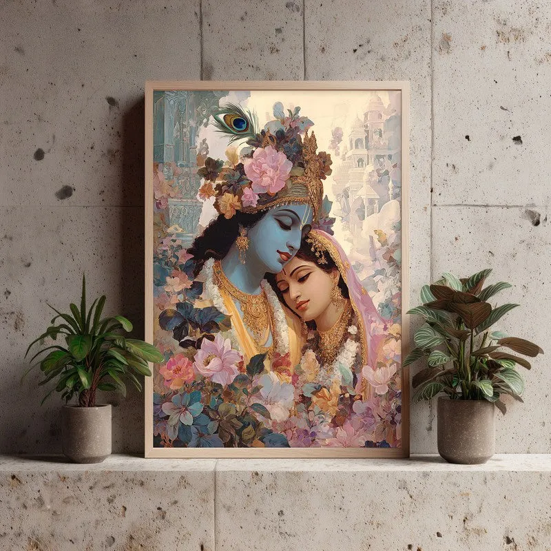 Sri Radha Krishna Blissful Archival Paper Wall Art - Natural Brown Frame media 4