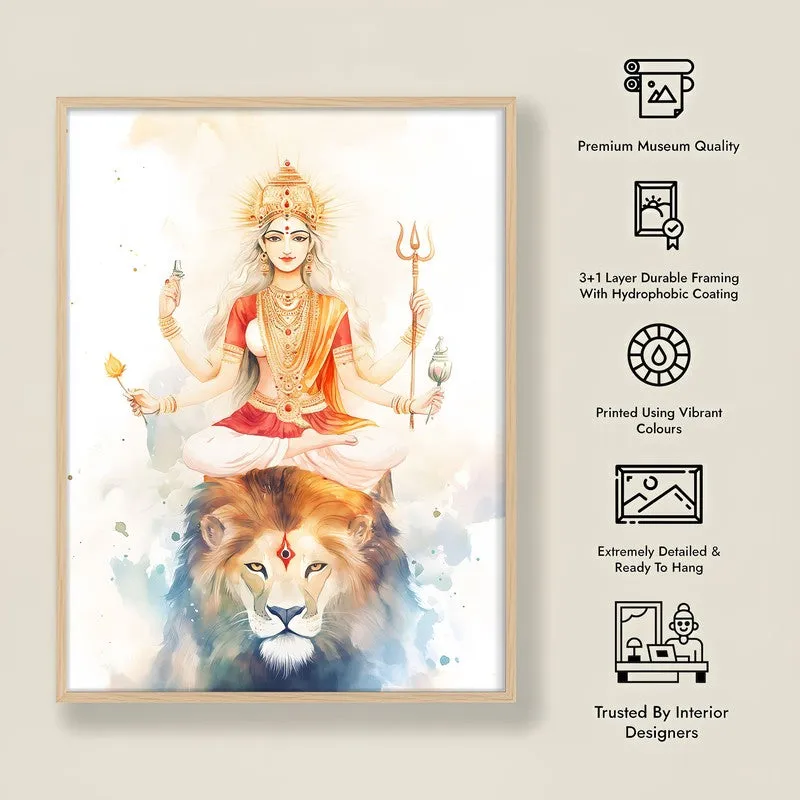 Mahishasura Mardhini Spiritual Archival Paper Wall Painting - Natural Brown Frame media 8