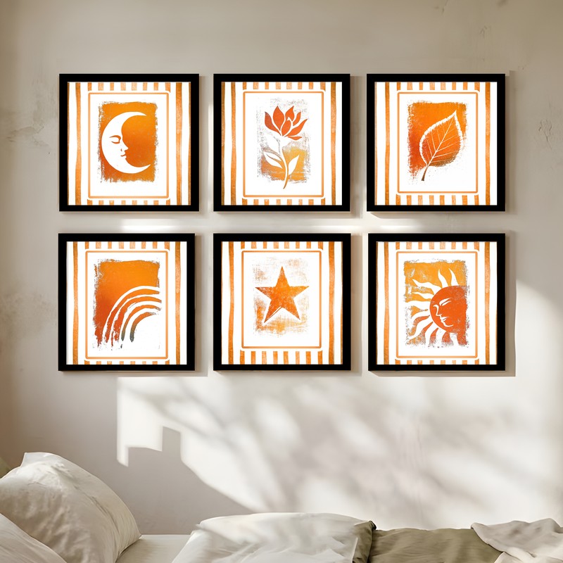 Celestial Orange Paper Wall Painting With Frame - Set Of Six