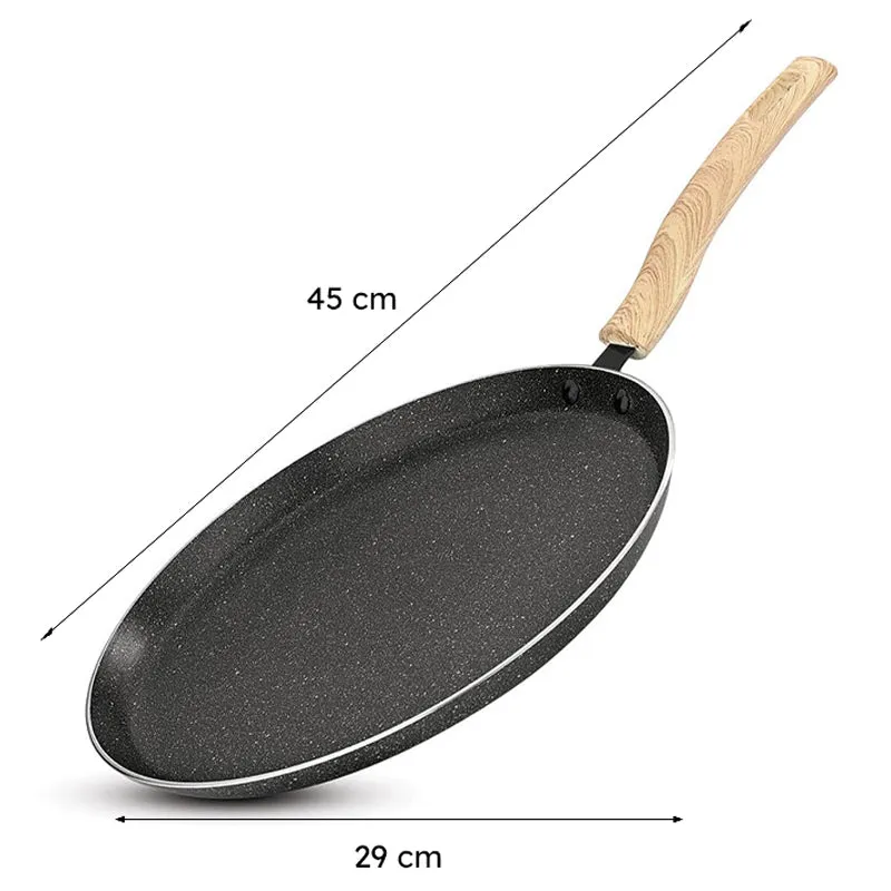 Angled view of the tawa showing its 29 cm cooking surface and handle