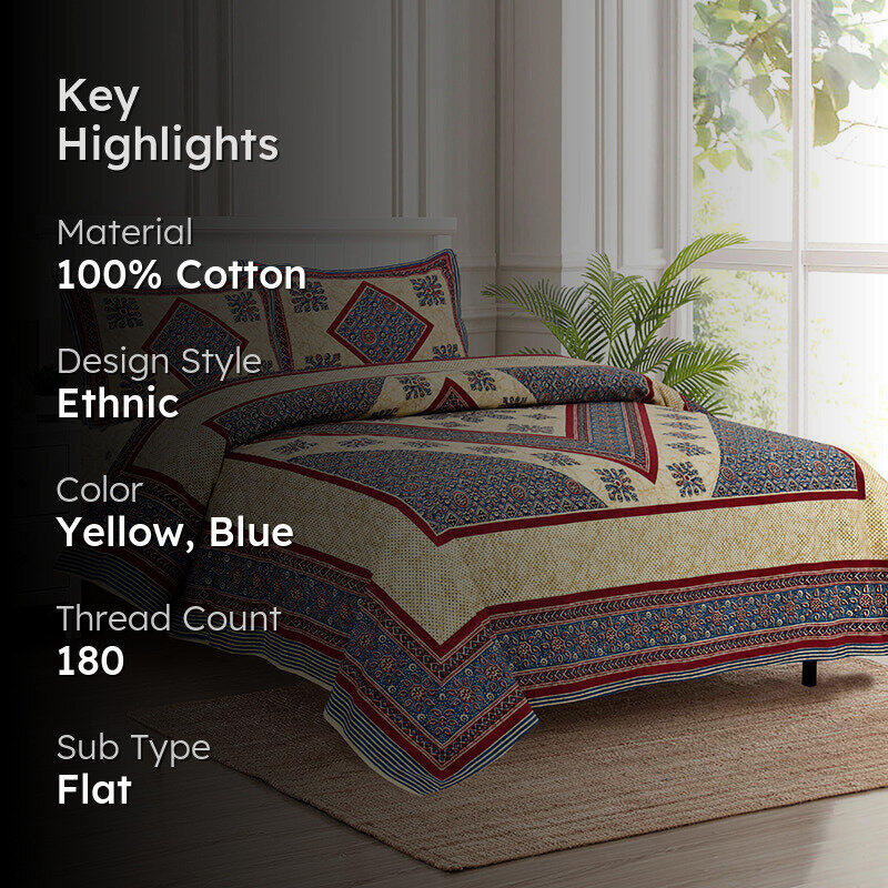 Akanksha Ethnic Cotton Bedsheet (Yellow,Blue) - 180 TC media 2