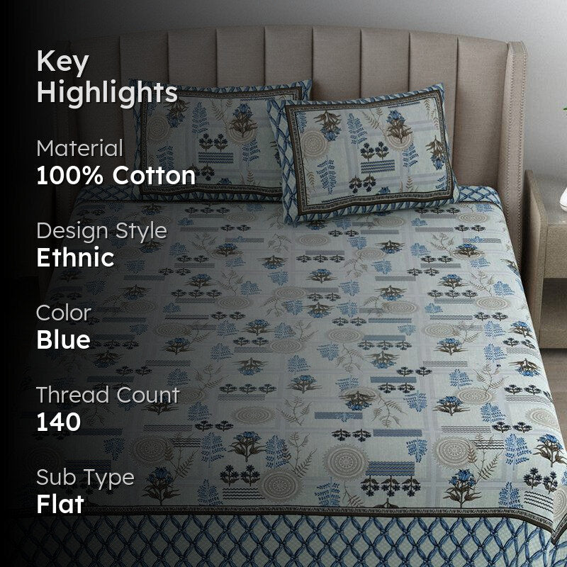 Jardin Joy Floral Cotton  Bedsheet (Blue) - 140 TC media 2