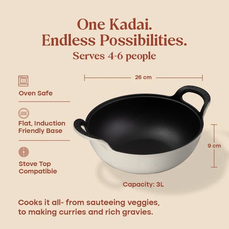 Cumin Co Enamel Cast Iron Kadhai With Lid (3200 mL) - White media 10