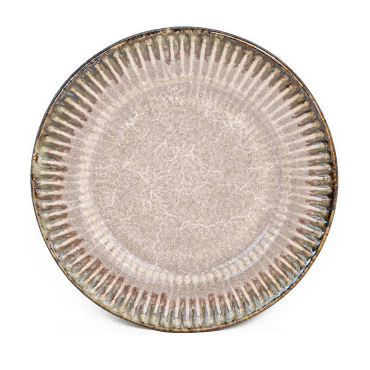 Close-up view of the textured surface and ribbed rim of a pink plate.