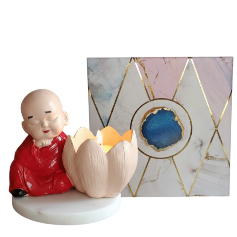 Buddha Monk Lotus Resin Tea Light Candle Holder - Red media 9