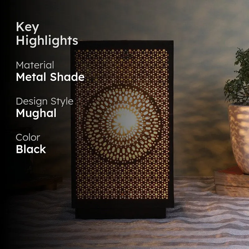 Anura Etched Floral Metal Table Lamp With Wooden Base - Black media 2