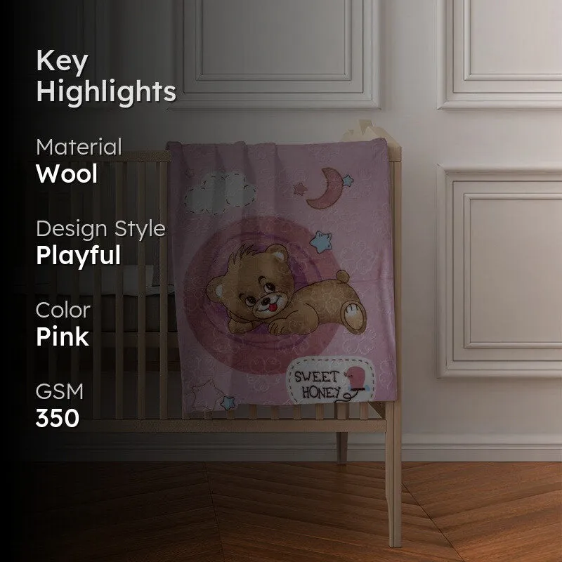 Snugsy Cartoon Woolen Kids Blanket (Pink) - 350 GSM media 2