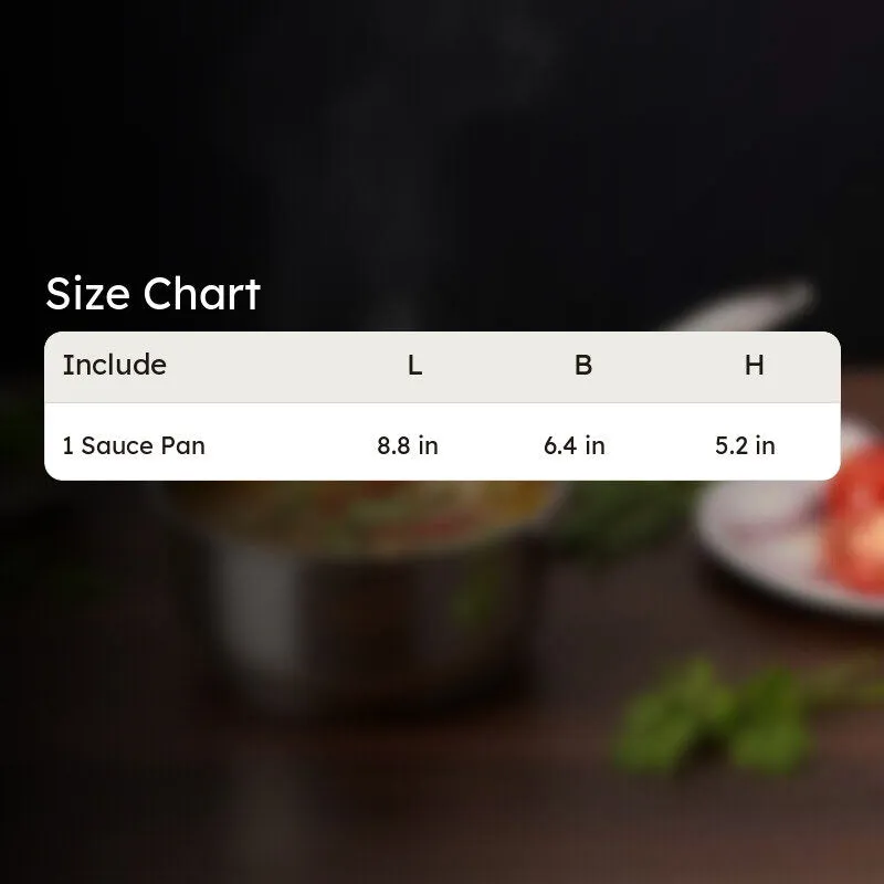 Size chart image for one sauce pan