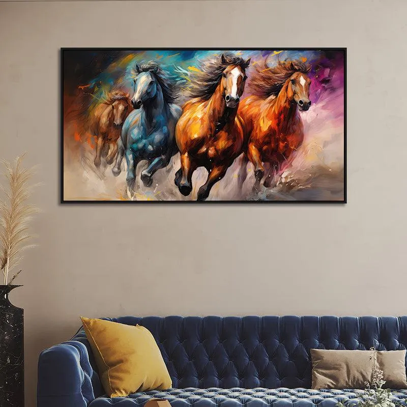 Wild Roan Stallions Canvas Wall Painting With Frame - Black media 1