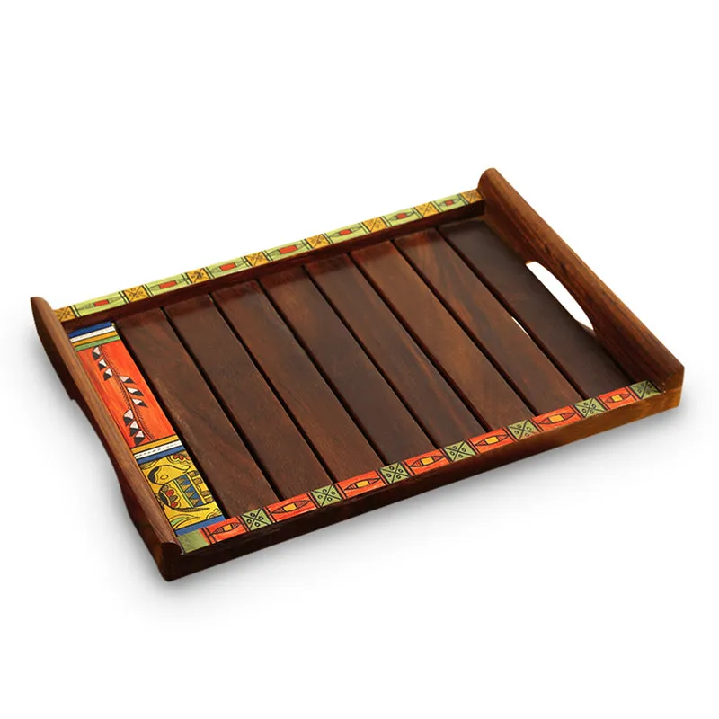 Prakriti Madhubani Handpainted Sheesham Wood Serving Tray - Two Piece Set media 5
