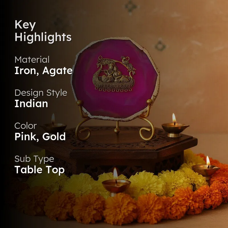 Radhe Krishna Bliss Agate Showpiece With Stand - Magenta & Gold media 2