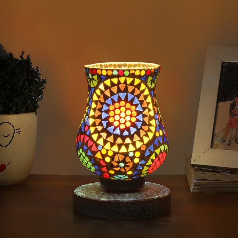 Warmelle Mosaic Glass Table Lamp With Wooden Base - Multicolor