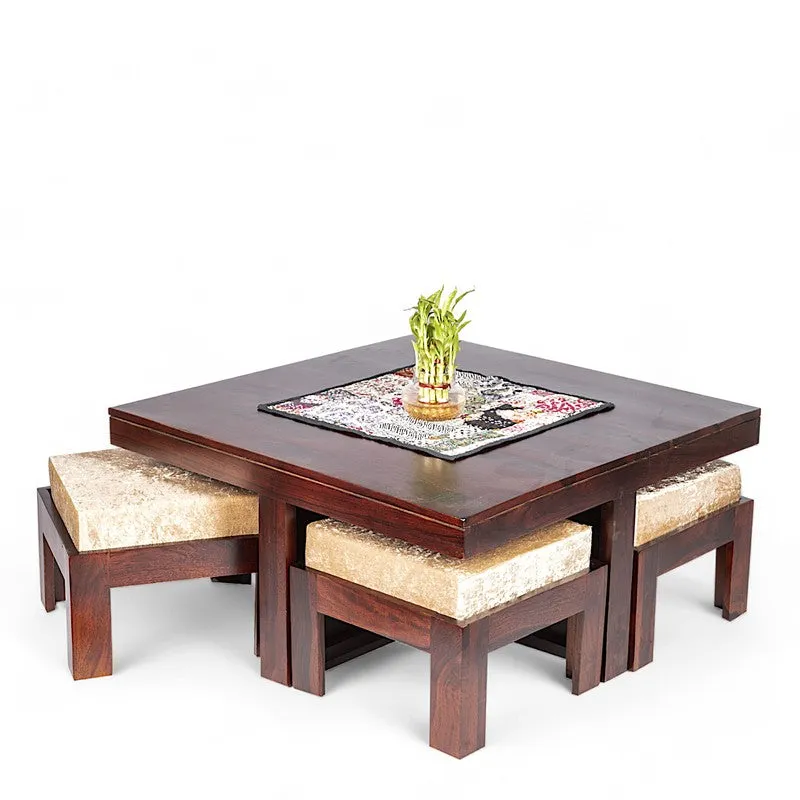 Evrino Sheesham Wooden Center Table with Stools and Cushions (Dark Brown) - Nine Piece Set media 3