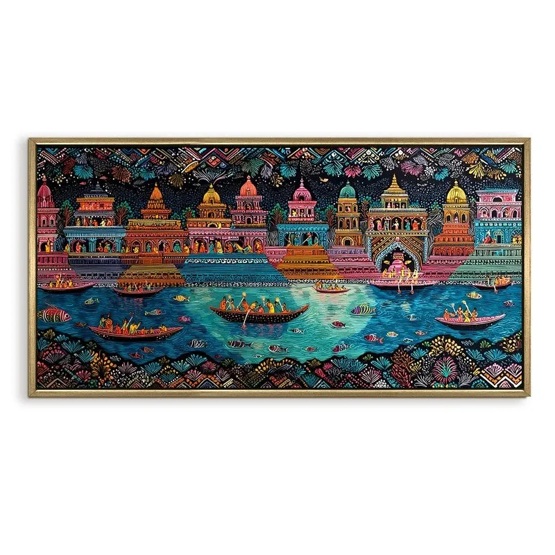 Joyous Boats of Banaras Folk Wall Art media 4