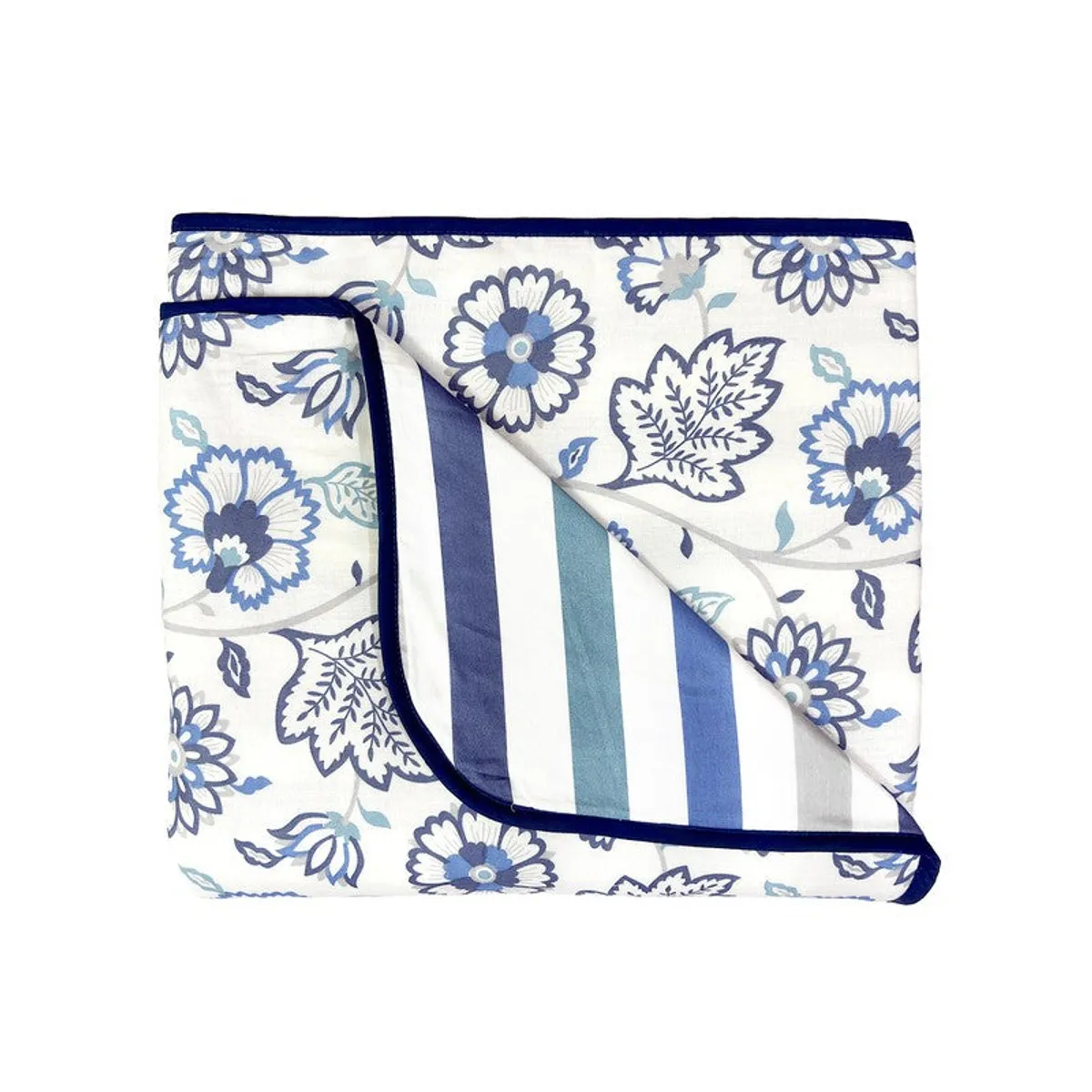 Folded reversible dohar showing floral and striped sides