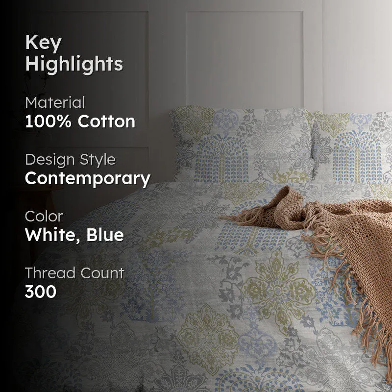 Pastel Brocade Printed Cotton Duvet Cover - Blue media 2