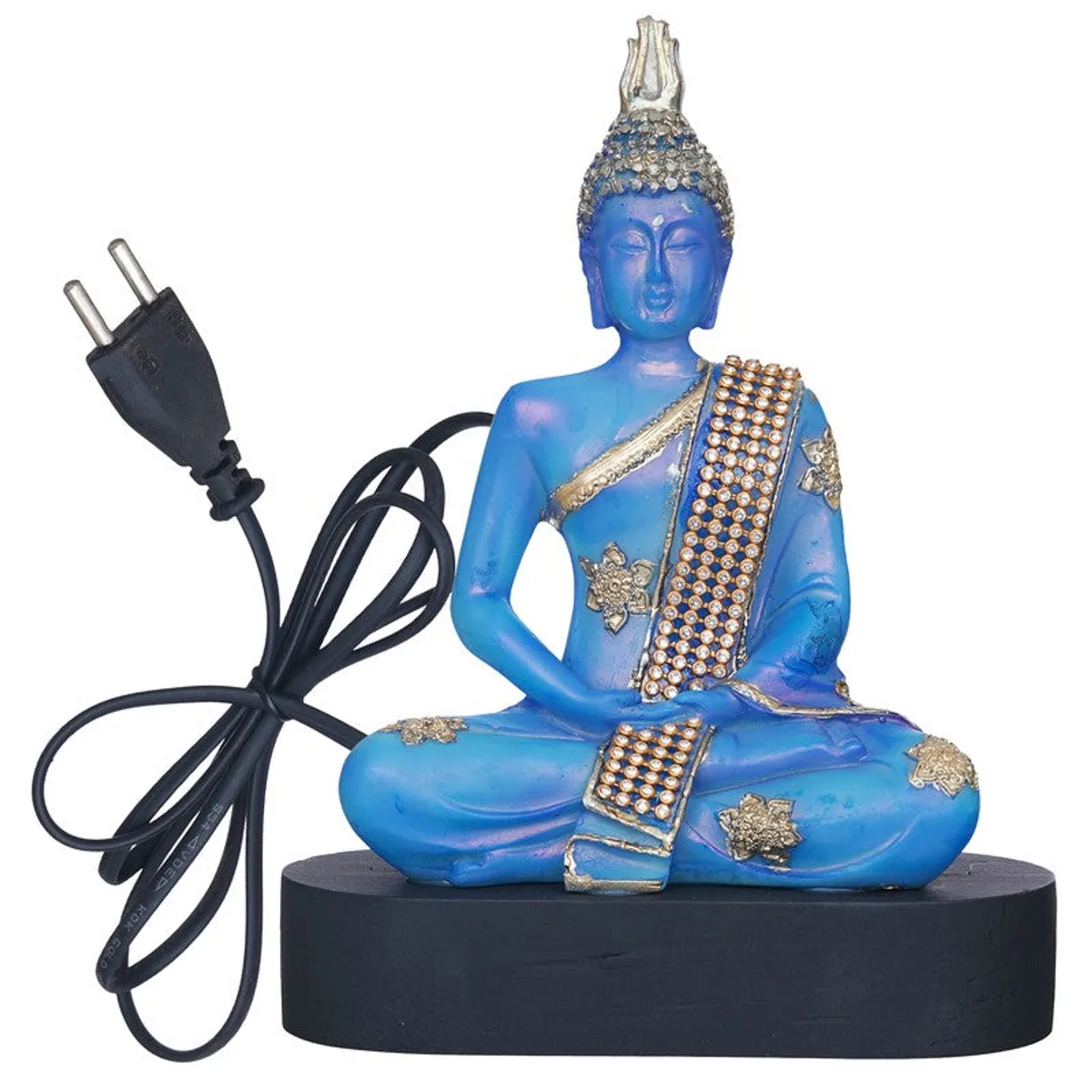 Blue Buddha idol with gold detailing and attached power cord