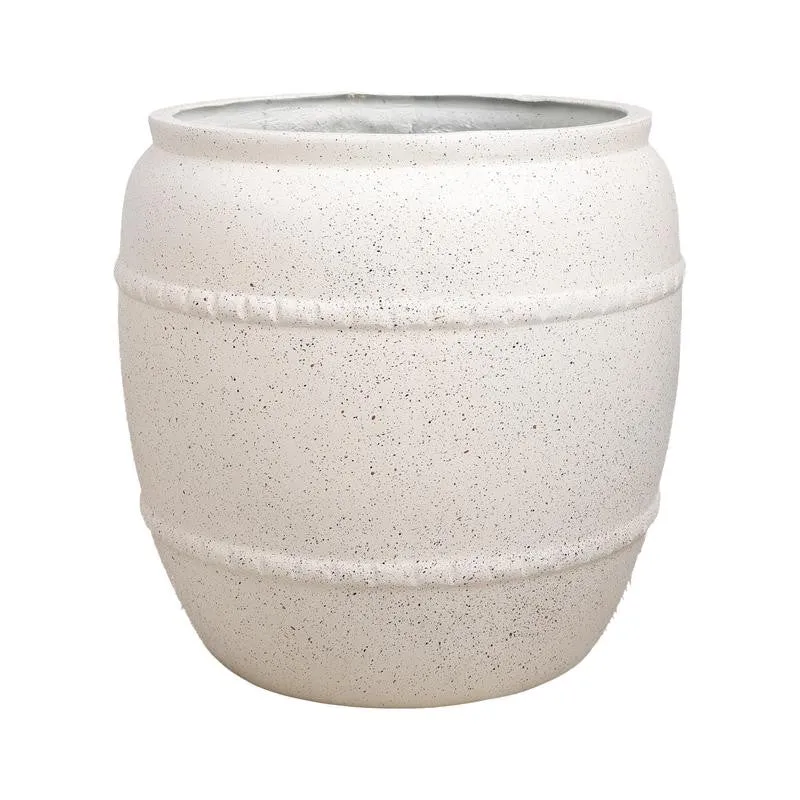Close product view of an off-white speckled planter with rounded bands