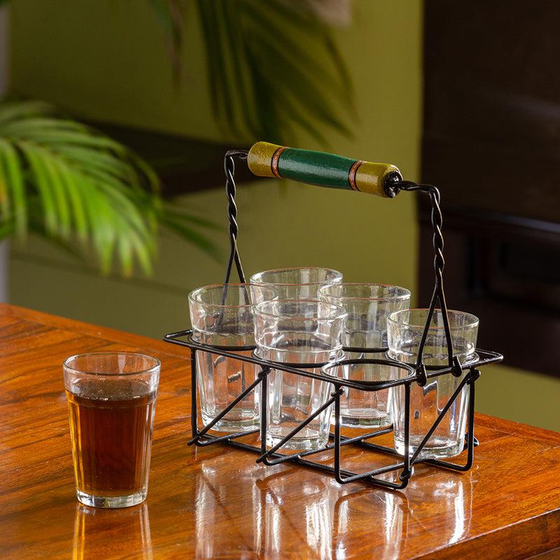Tapri Tales Cutting Chai Glass with Iron Tray (120 mL Each) - Seven Piece Set