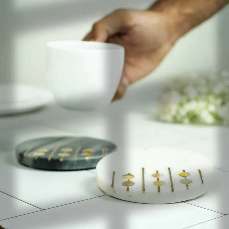 Pearl Charm Marble Coaster With Brass Inlay (Grey, White) - Set Of Two media 4