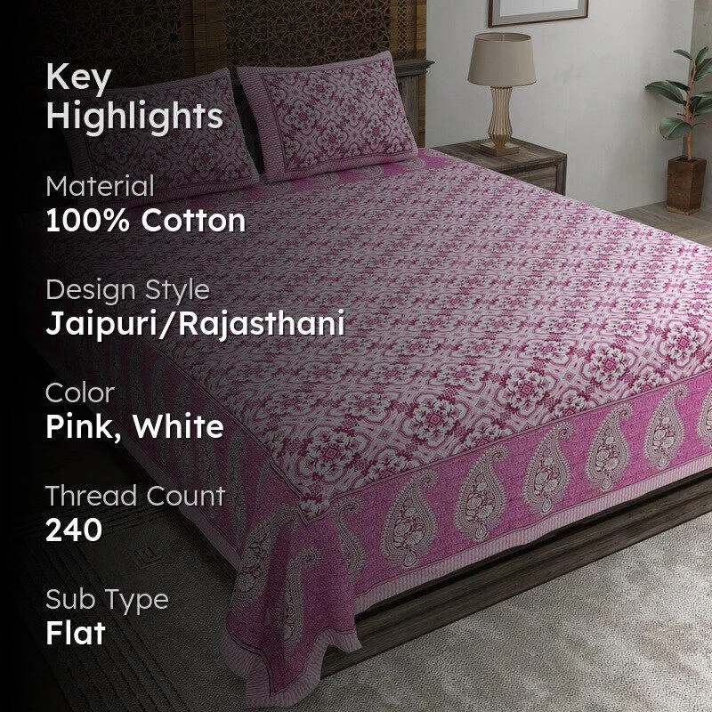 Lineel Cotton Bedsheet (Pink,White) - 240 TC media 2