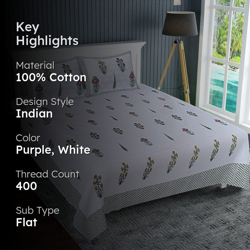 WhiteBloom Handblock Printed Cotton Bedsheet (Purple) - 400 TC media 2