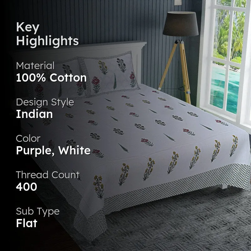 WhiteBloom Handblock Printed Cotton Bedsheet (Purple) - 400 TC media 2