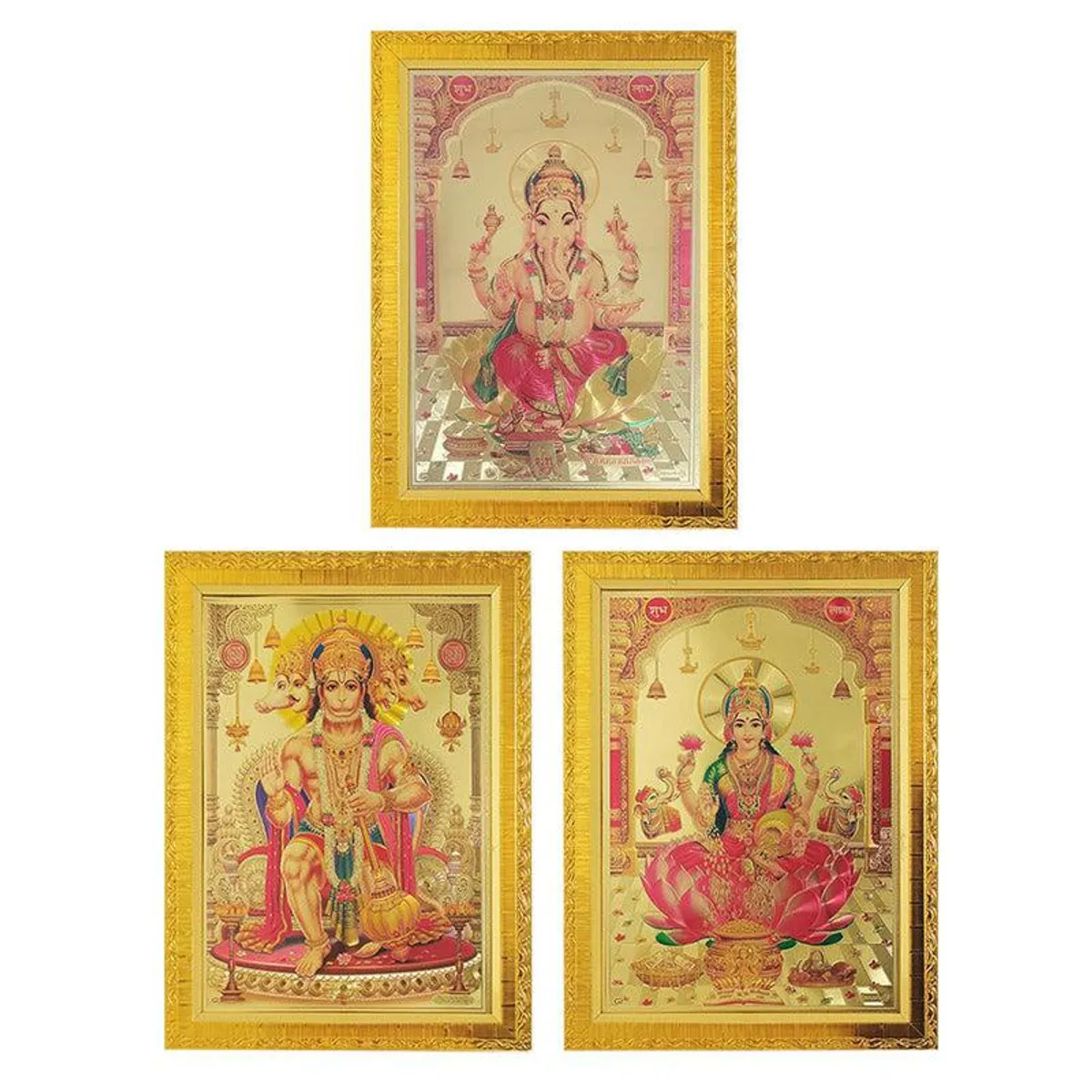 Ganesha, Hanuman and Lakshmi devotional images in ornate gold frames