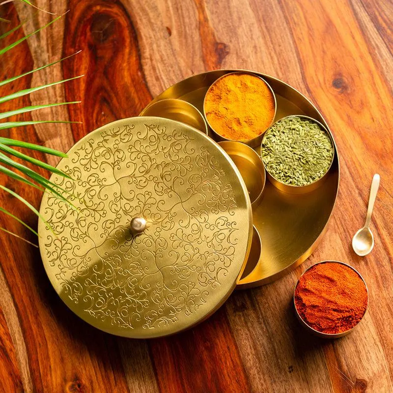 Royal Rasoi Matte Hand-Etched Brass Masala Box 40 ML media 1