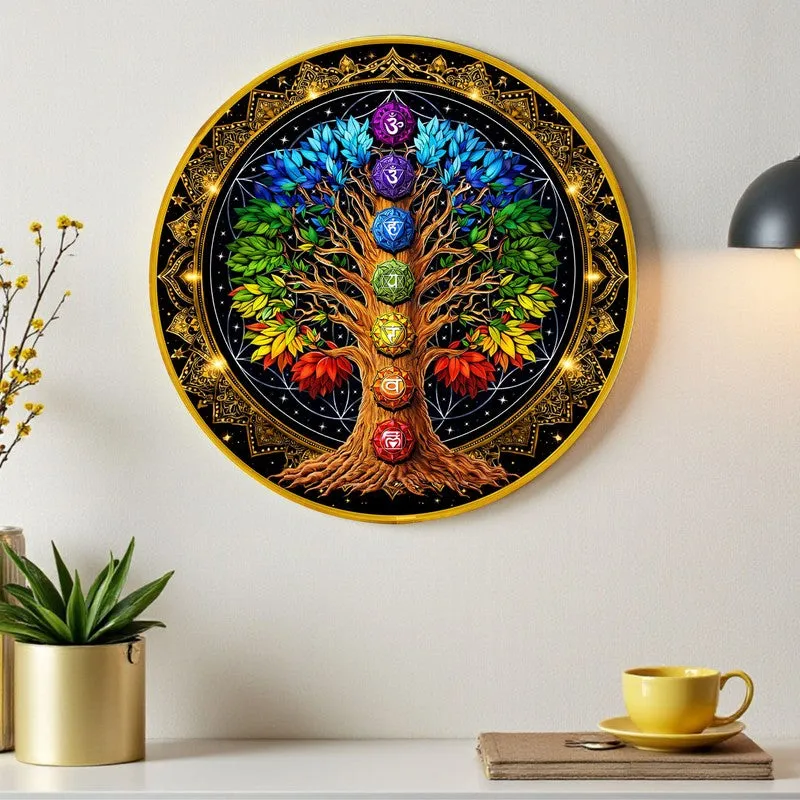 Round chakra tree wall painting displayed on a wall with a plant and yellow cup nearby