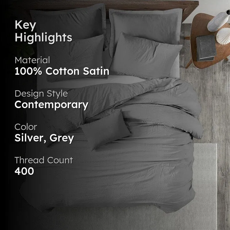 Amelia 100% Cotton Satin Weave Duvet Cover With Pillow Covers - Light Grey media 2
