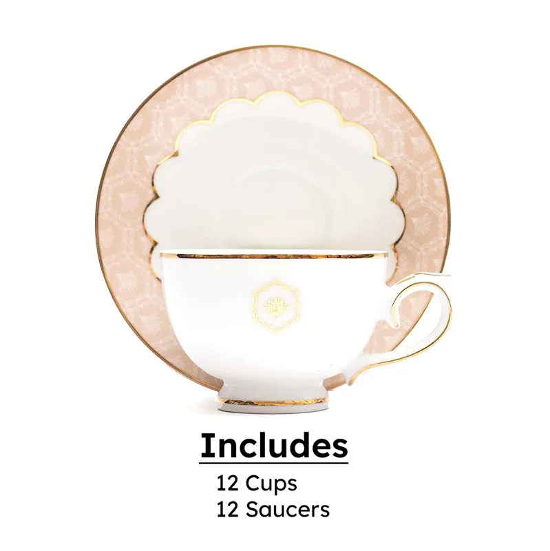 Gilded Legacy 24k Gold Brushed Porcelain Tea Cup & Saucer (Peach/ 300 mL) - Twelve Piece Set media 5