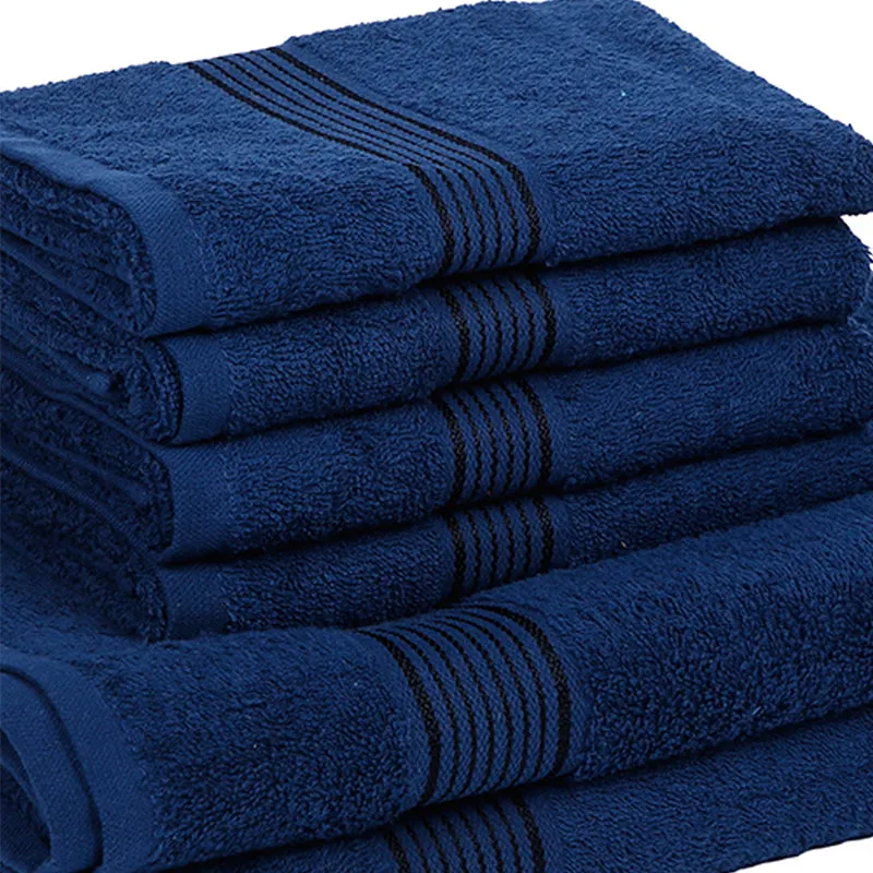 Stack of navy blue towels with ribbed stripe detail