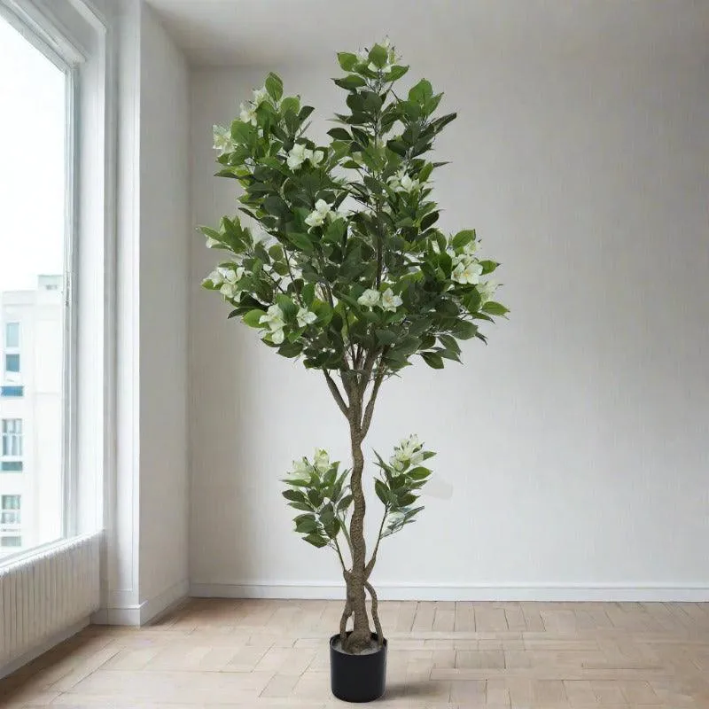 Faux Bougainville Plant With Black Plastic Pot (5.91 ft) - Green & White media 3