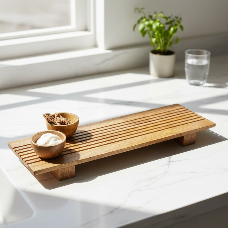 Linear Wood Serving Platter with Dual Dip Bowls - Three Piece Set