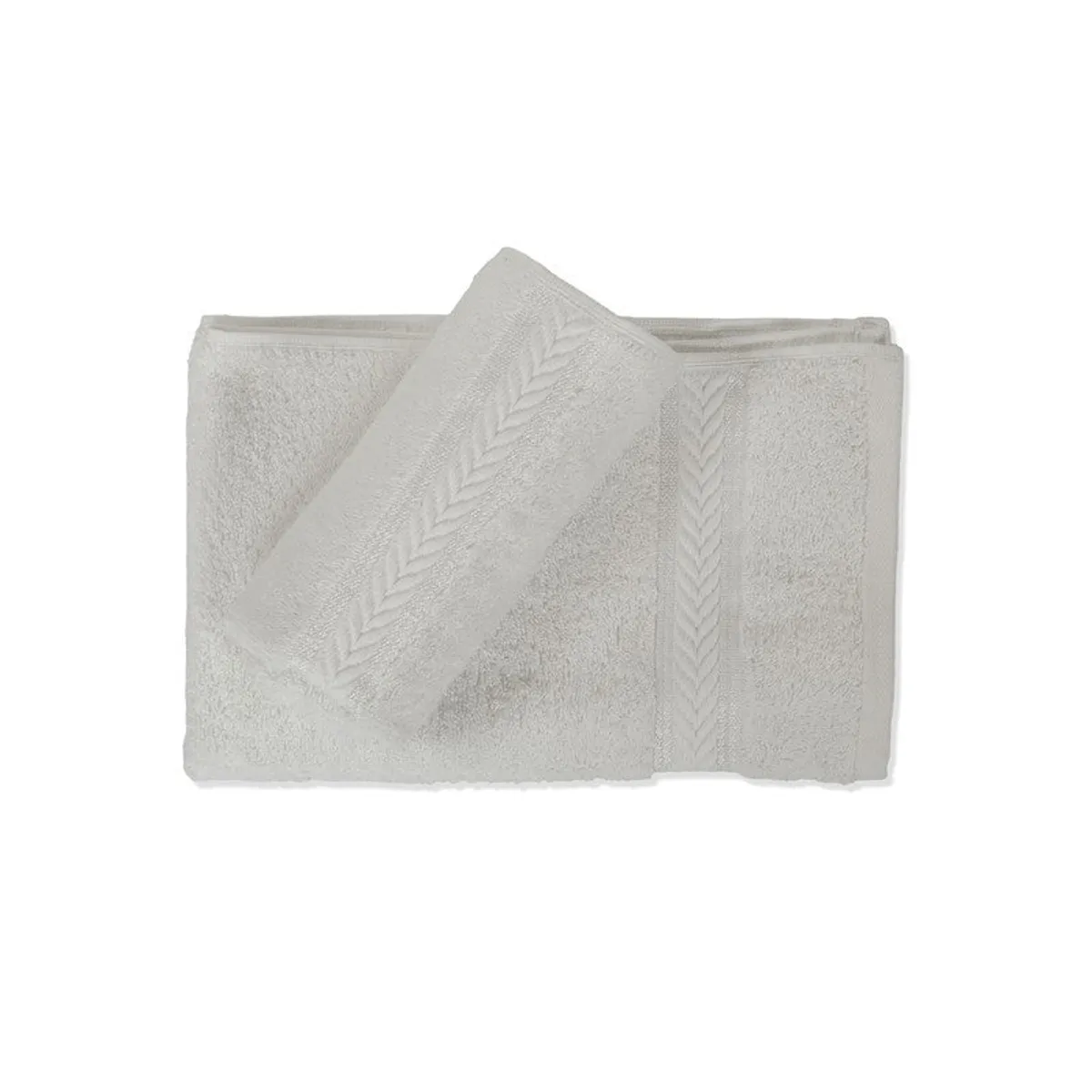 Two white towels displayed flat with subtle chevron border detailing