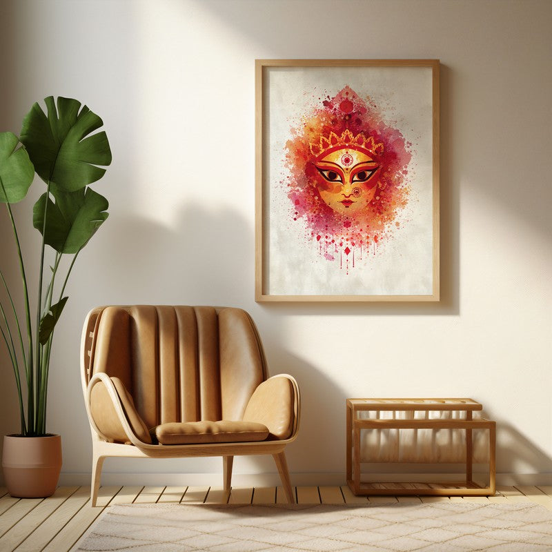 Powerful & Divine Maa Durga Archival Paper Wall Art - Natural Brown Frame