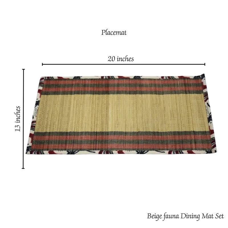Rectangular beige and brown striped table mat shown with secured fabric edges
