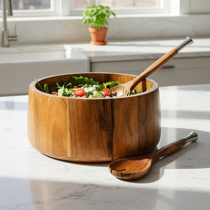Aurelia Wood Salad Bowl with Serving Spoons (2750 Ml) - Three Piece Set